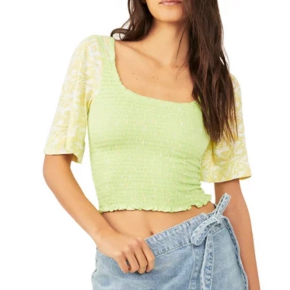 Free People Marigold Neon/Lime Green Cropped Top Smocked Flutter sleeves Summer